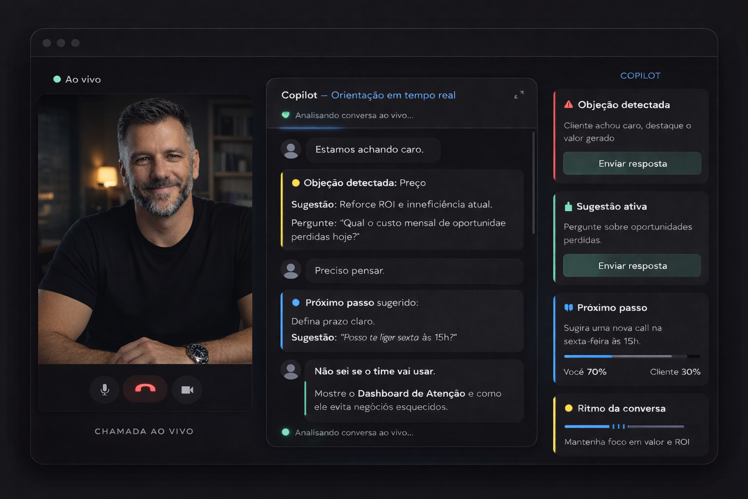Sales Copilot em ação durante chamada ao vivo